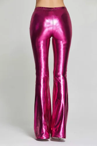 Vista 4 de SIAEAMRG Pantalones acampanados elásticos con lentejuelas metálicas brillantes para mujer cintura alta pantalones acampanados pantalones de aspecto