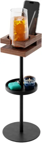Vista 9 de Mesa de bebidas para espacios pequeños – Mesa auxiliar delgada de pedestal con parte superior de madera real y base estable para café y cócteles