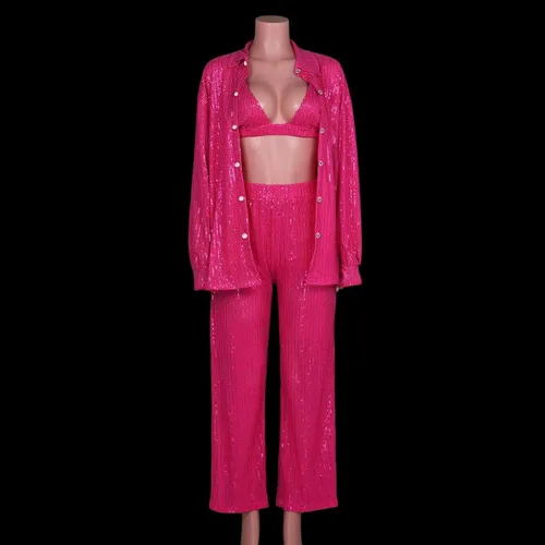 Vista 6 de Conjunto de ropa para mujer, con lentejuelas, manga larga, con botones, blusa, brasier, pantalones, fiesta, club, noche