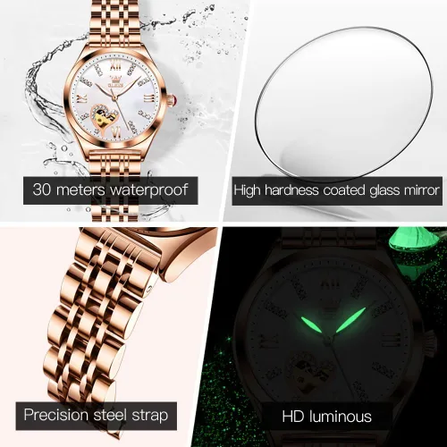 Vista 4 de OLEVS Reloj mecánico automático para mujer, correa de cuero, cuerda automática, reloj de pulsera para mujer, esfera de corazón de diamante