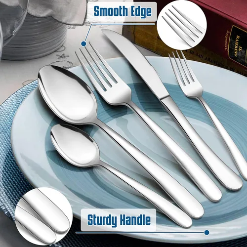 Vista 4 de HaWare Juego de cubiertos resistentes de 48 piezas para 8, cubiertos de acero inoxidable con cuchillos gruesos para carne, utensilios de comer