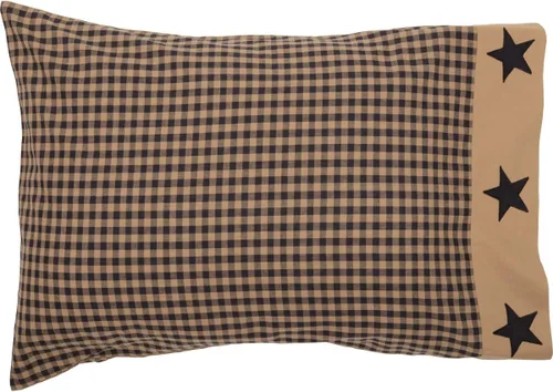 Vista 5 de VHC Brands Funda de almohada estándar con apliques de algodón primitivo de algodón a cuadros negros