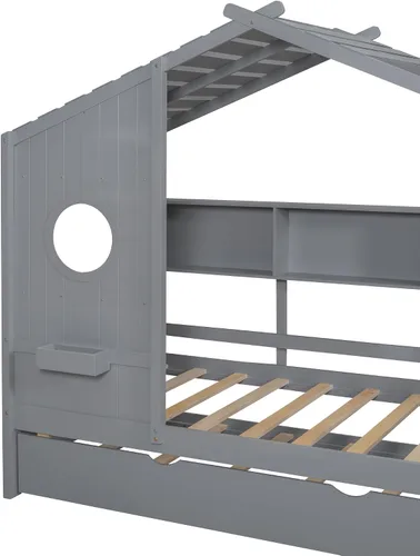 Vista 6 de Cama moderna de tamaño individual con nido, marco de cama de madera resistente con armazón de almacenamiento, techo y ventana para niños, niñas