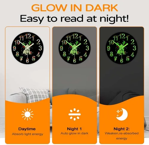 Vista 4 de The Geeky Days Reloj que brilla en la oscuridad, adorno de Navidad Pug funciona con pilas, reloj de pared luminoso de cuarzo silencioso con diseño