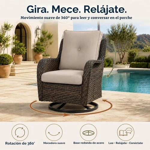 Vista 3 de HUMMUH Juego de 2 sillas giratorias de mimbre para patio, juego de muebles Café/Beige