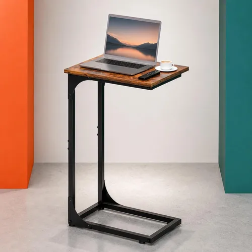 Vista 12 de Mesa auxiliar en forma de C para sofá, soporte de café pequeño, bandeja de sofá con marco de metal, parte superior de madera impermeable resistente