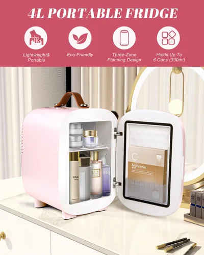 Vista 5 de Mini refrigerador para dormitorio, refrigerador de 4 litros/6 latas para el cuidado de la piel con espejo LED y asa de transporte de cuero