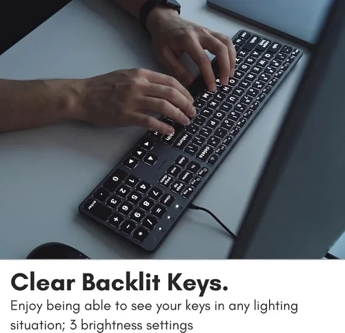 Vista 5 de Teclado con cable Macally para Mac (USB C + A) - Letra grande e retroiluminada para Apple - Teclado USB C de 107 teclas de tamaño completo
