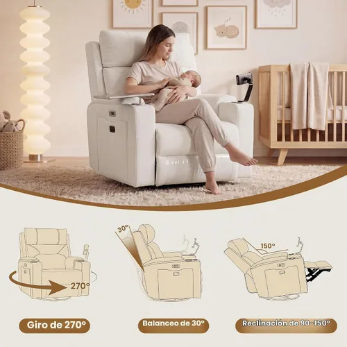 Vista 3 de Sillón reclinable giratorio eléctrico con reposacabezas y lumbar ajustables Blanco