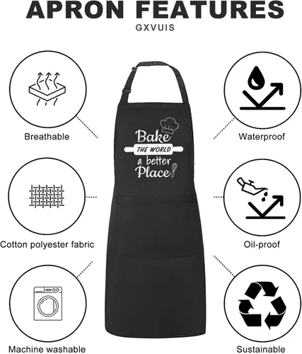 Vista 5 de Baking Lover - Delantal para mujer Bake the World a Better Place impermeable, ajustable, 2 bolsillos, delantal de cocina, regalo