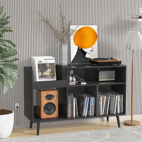 Vista 5 de Jluomei Mid-Century - Soporte para tocadiscos con gabinete de almacenamiento para discos de vinilo, mesa de jugador con toma de corriente, soporte