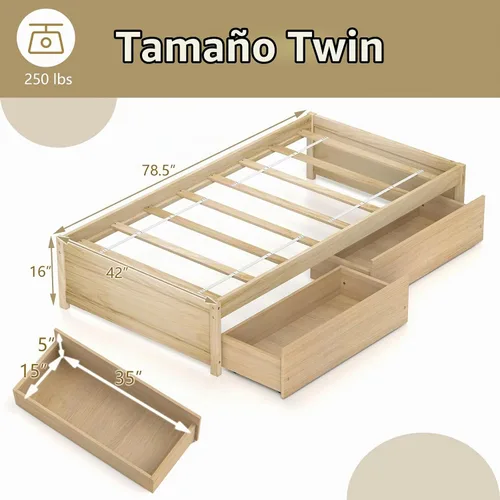 Vista 2 de KOMFOTT Base de cama de plataforma de madera de tamaño individual con 2 cajones de almacenamiento, plataforma de madera con soporte de tablillas