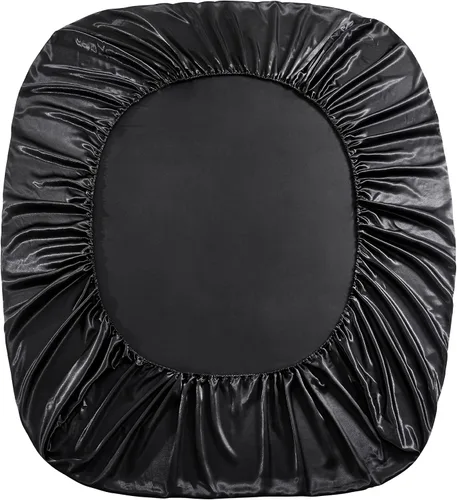 Vista 7 de Sábana bajera ajustada de satén de seda negra tamaño individual, sábana bajera de bolsillo profundo individual, transpirable, sin decoloración Negro