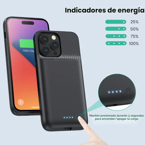 Vista 4 de Funda de batería para iPhone 14 Pro Max, 14 Plus y 13 Pro Max, funda de carga inteligente recargable real de 8600 mAh, batería protectora portátil