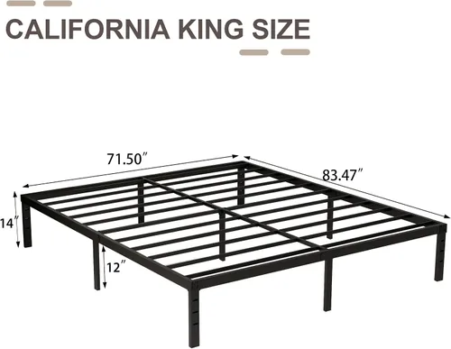 Vista 2 de Marco de cama California King de 14 pulgadas, soporte de listones de acero resistente de 2500 libras, sin ruido, no necesita somier, fácil montaje