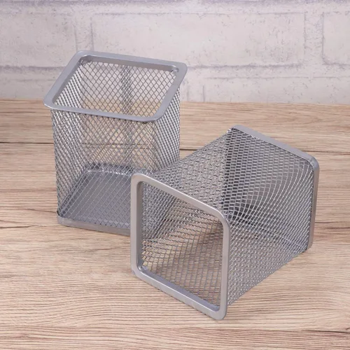 Vista 4 de NUOLUX 2pcs Metal Mesh Square Pencil Holder Pen Pot Desk Tidy Organizer (Plata)