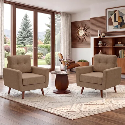 Vista 46 de Tbfit Paquete de 2 sofás individuales de tela de lino, silla decorativa, sillón moderno de mediados de siglo para sala de estar, dormitorio Beige