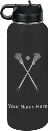 Vista 20 de LaserGram Botella de agua personalizada, palitos de lacrosse, acero inoxidable de doble pared aislada al vacío con popote superior, regalo grabado