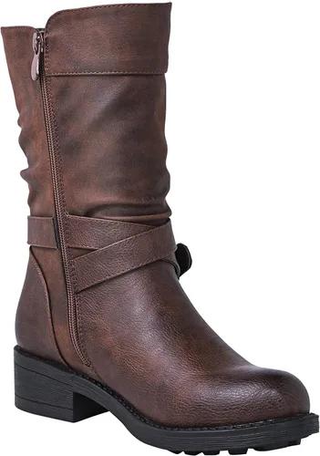 Vista 3 de GLOBALWIN Botas de motociclista de moda de otoño para mujer, botas de media pantorrilla para mujer, tacón bajo