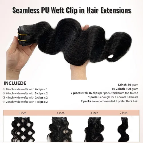 Vista 2 de Extensiones de cabello humano ondulado sin costuras, cabello humano real 10A, 12 pies 2.82 oz, negro, ondulado