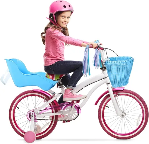 Vista 5 de Aurelema Asiento de bicicleta de muñeca con 30 calcomanías de calcomanías, cesta de bicicleta para niños, manillar de bicicleta, cintas coloridas