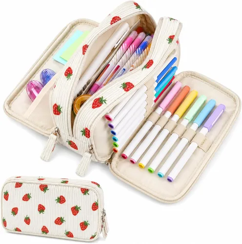 Vista 8 de Sooez Estuche de Lápices de Gran Capacidad con Funda para Bolígrafos, Bolsa de Lápiz de Corduroy Suave con 3 Compartimentos, Múltiples Bolsillos