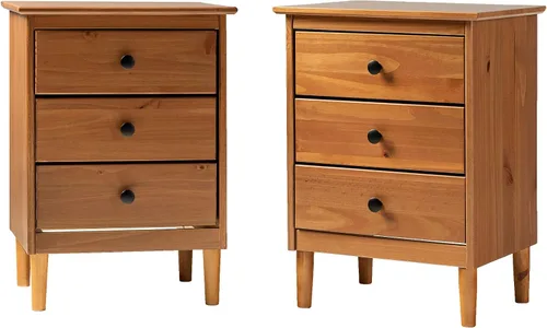 Vista 6 de Walker Edison Myron Modern - Juego de 2 mesitas de noche de madera maciza de 3 cajones, 2 unidades, color caramelo Blanco