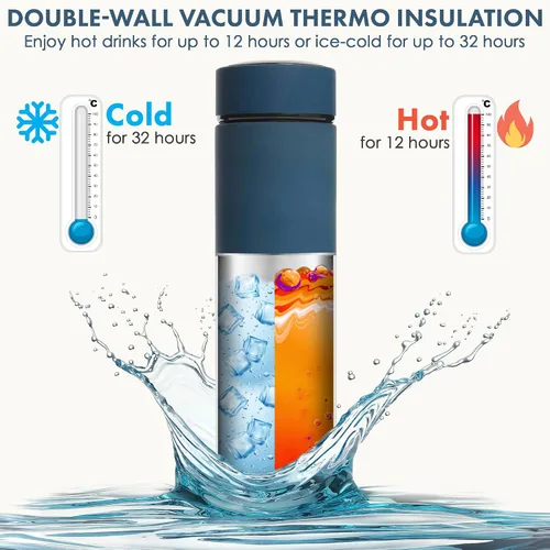 Vista 3 de AVARO Termo para todas las bebidas, taza de té de acero inoxidable de 16.9 onzas con infusor de té corto, botella de agua aislada de doble pared