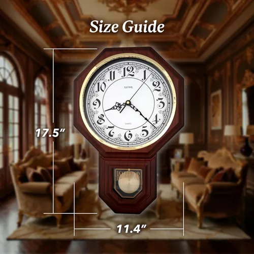 Vista 2 de JUSTIME Reloj Tradicional de Pared de Estilo Schoolhouse Clásico Vintage con Números Árabes, Reloj de Pared con Melodía con Péndulo y Melodía
