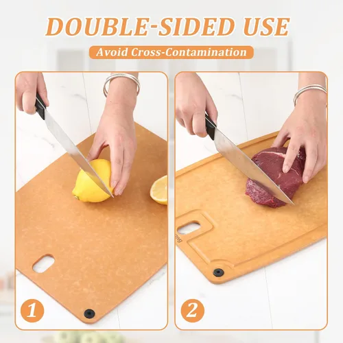 Vista 6 de Juego de 2 tablas de cortar para cocina, aptas para lavavajillas, ecológicas, tabla de cortar reversible con asas y ranuras para jugos, tabla