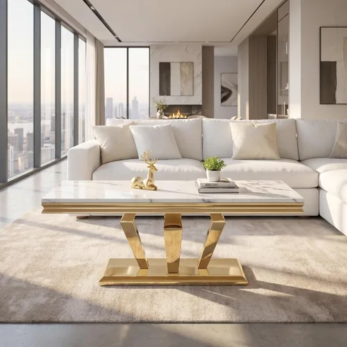 Vista 3 de Mesa auxiliar de mármol de 47 pulgadas, moderna mesa central de mármol sintético blanco con base de espejo dorado en forma de diamante, mesa Blanco
