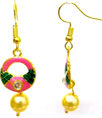 Vista 2 de DESI HAWKER Meenakari Minakari Pintura esmaltada dorada hecha a mano pendiente Bali Jhumki Jhumka Joyería Bollywood indio étnico gota colgante araña