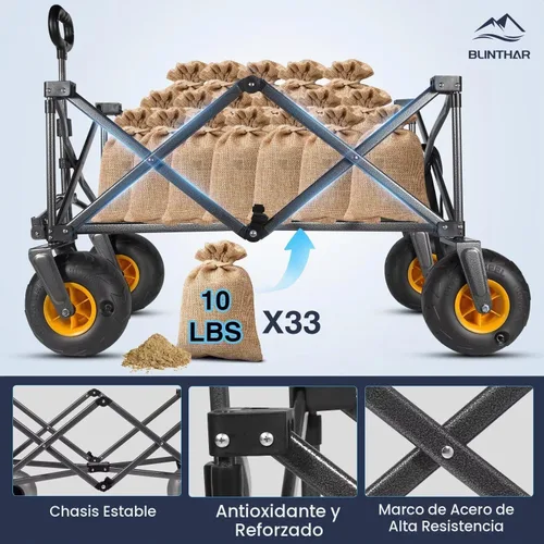Vista 3 de Vagón de playa con ruedas grandes para arena, vagón plegable resistente de alta capacidad con neumáticos de balón neumático todo terreno de 9