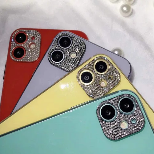 Vista 5 de [Paquete de 2] Protector de lente de cámara de cristal brillante para iPhone 11/iPhone 12 mini, cubierta de cámara trasera de diamante con purpurina