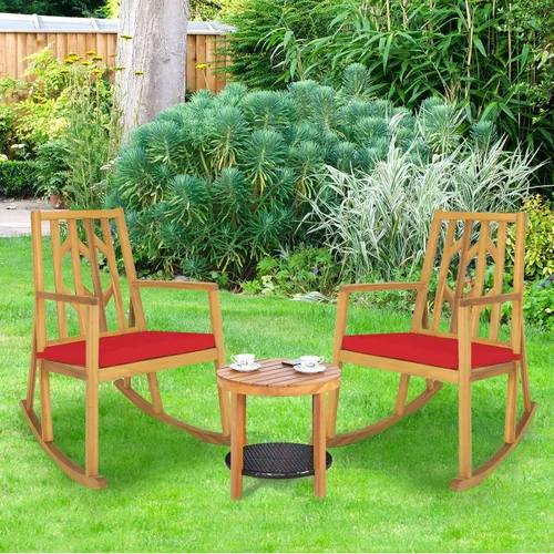 Vista 4 de Tangkula Mecedora de madera de acacia para patio, con cojín extraíble de alta densidad, resistente a todo tipo de clima, base equilibrada, perfecta