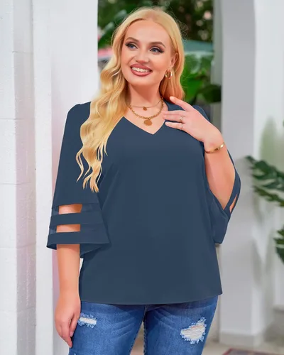 Vista 8 de LookbookStore - Blusa para mujer con paneles de malla, cuello en V, manga acampanada de 34 y corte holgado