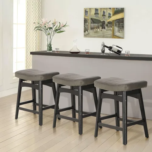 Vista 20 de Taburete de bar gris de madera maciza para encimera de cocina, taburete de bar con asiento de cuero sintético, taburete tapizado para isla de 34 a
