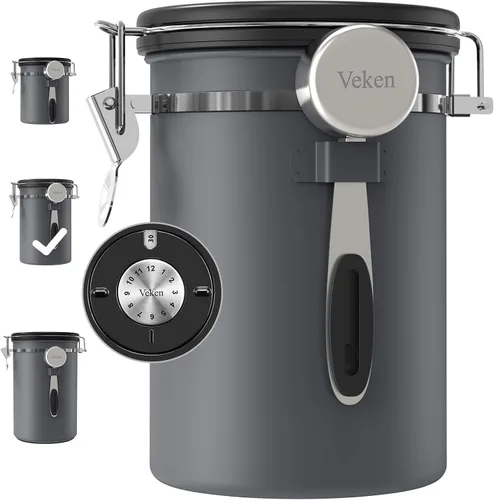 Vista 12 de Veken - Recipiente hermético para café de acero inoxidable, contenedor de almacenamiento de alimentos para la cocina con registro de fecha y cuchara