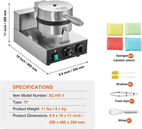 Vista 7 de VEVOR Gofrera Comercial, Máquina de Waffles Redonda de 1230W, Plancha de Waffles Belga Antiadherente de Acero Inoxidable con Control de Temperatura