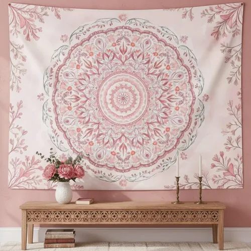 Vista 11 de Accnicc Tapiz bohemio con mandala floral para dormitorio, tapiz de pared con flores bohemias, pequeño, acuarela, azul, blanco, hippie, indio