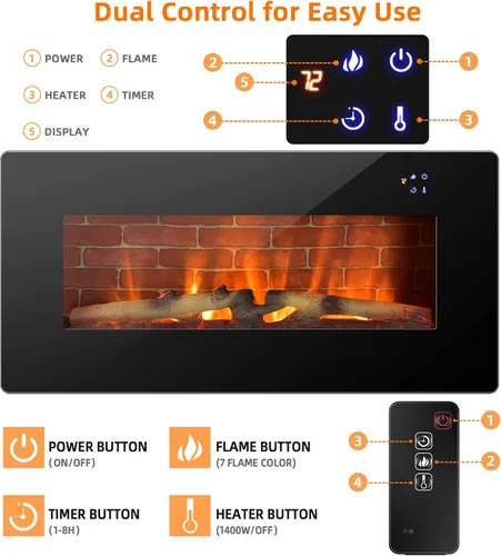 Vista 3 de Tangkula Chimenea eléctrica de 36 pulgadas, calentador eléctrico independiente y montado en la pared, chimenea eléctrica de 1400 W con temporizador