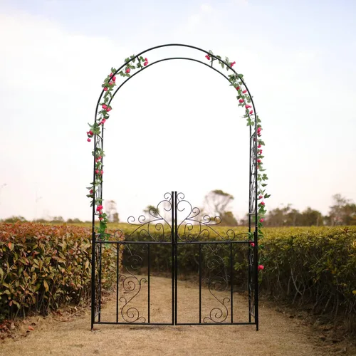 Vista 3 de Arco de jardín de acero de 7 pies 5 pulgadas de alto x 4 pies 2 pulgadas de ancho con puerta, cenador de jardín para varias plantas trepadoras