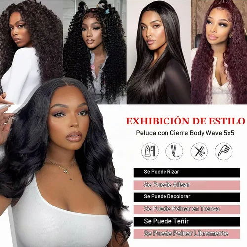 Vista 5 de Aaliweya Peluca de cabello humano virgen de 18 pulgadas con cierre de 1B Color Negro