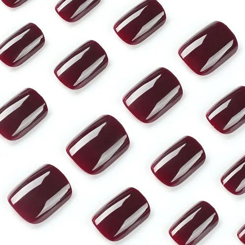 Vista 6 de Uñas postizas extra cortas, cuadradas, color rojo vino, uñas acrílicas pequeñas de color sólido, uñas postizas cortas de otoño con diseños, uñas