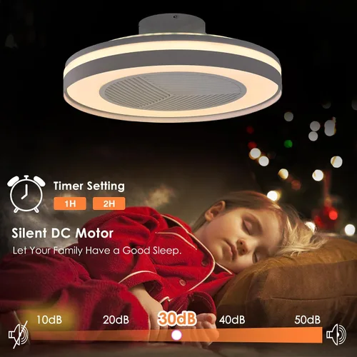 Vista 3 de Ventiladores de techo inteligentes de bajo perfil con control remoto/APP de 3 luces regulables, ventiladores de techo sin aspas de 20" con 6