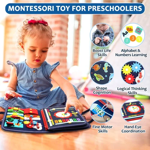 Vista 2 de Qizfun Montessori Tablero Ocupado y Libro Ocupado para Niños Pequeños – Juguete Sensorial y de Aprendizaje que Mantiene a los Niños Ocupados