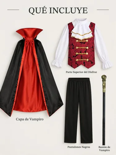 Vista 5 de Disfraz de vampiro para niños, con capa de vampiro y cetro, disfraz gótico de vampiro real para niños, Halloween