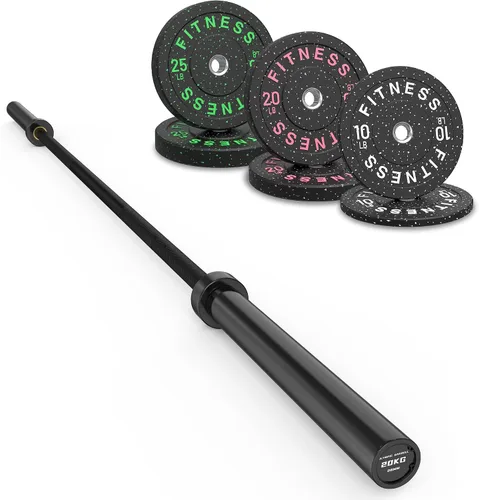 Vista 28 de Olympic Barbell Set, 2-Inch Bumper Plates with Weight Plate Rack Colored Crumb Rubber Weight Plates for Weight Lifting & Strength Training, 90–530