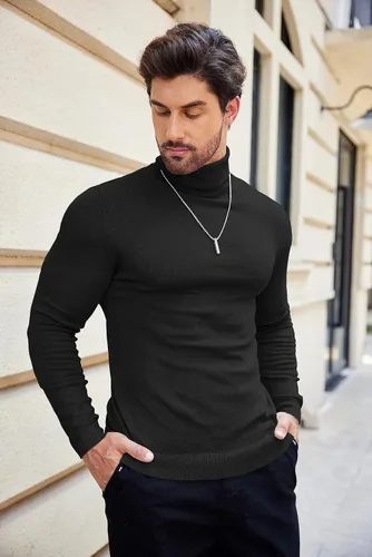 Vista 7 de COOFANDY Suéter de cuello alto ajustado para hombre, casual, básico, de manga larga, suéter de punto