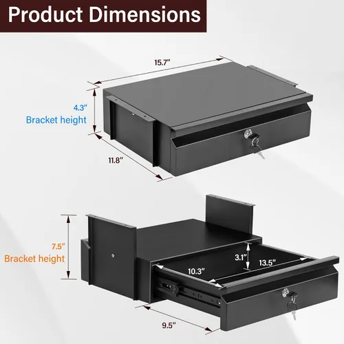 Vista 3 de Cajón para debajo del escritorio, 15.7 x 11.8 x 4.3 pulgadas Under Desk Pull Out Drawer with Lock and Keys, 4.3” & 7.5” Optional Bracket Height
